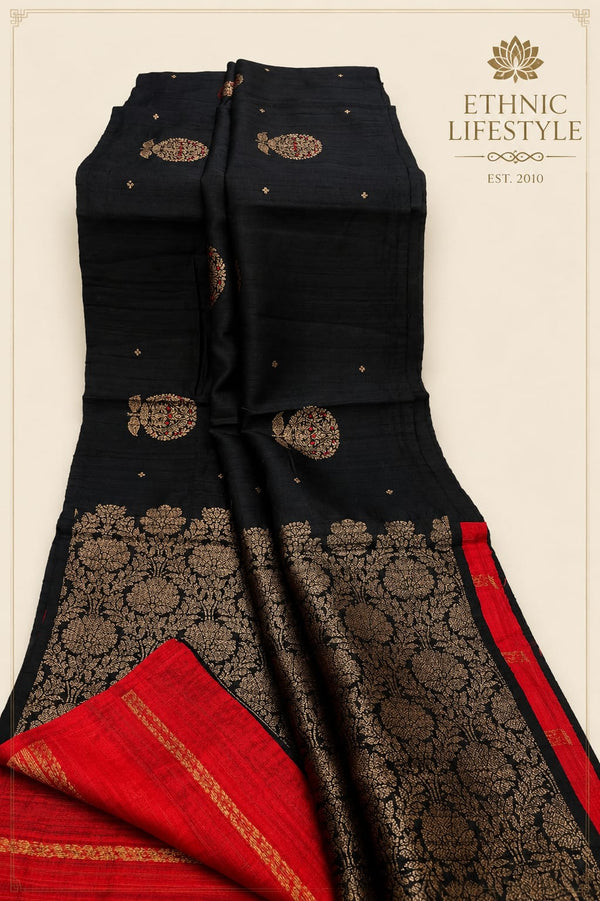 Pure Tussar Silk Saree with Contrast Blouse