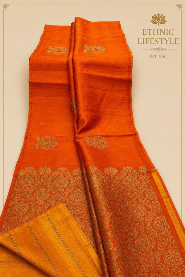 Pure Tussar Silk Saree with Contrast Blouse