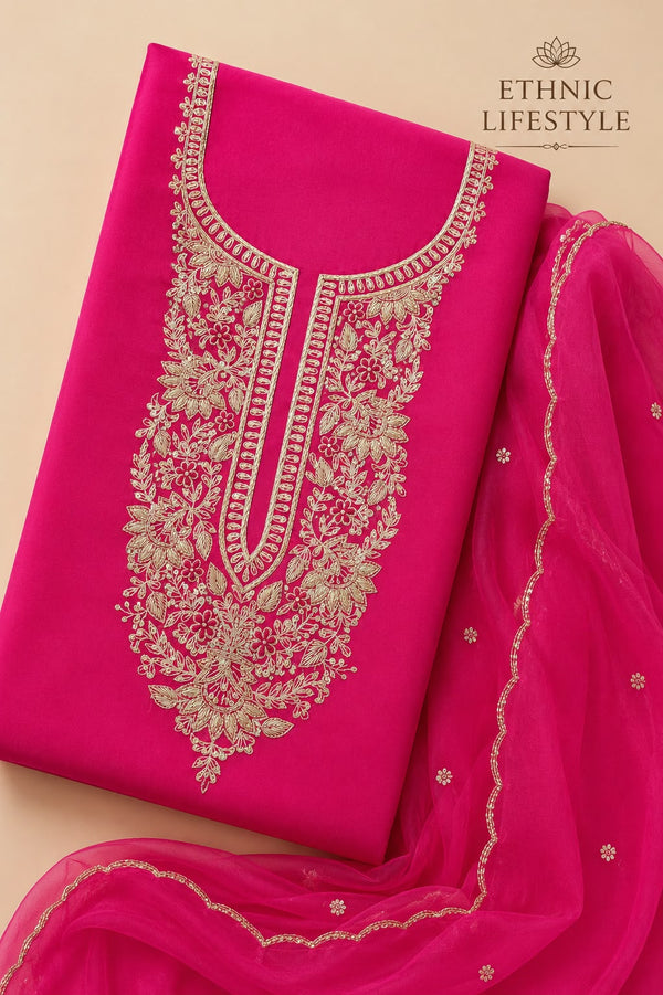 Fuchsia Pink Embroidered Suit Material