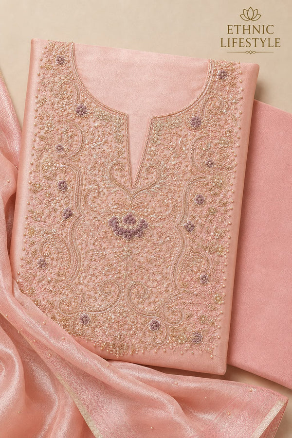 Dusty Peach Brocade Jardozi Suit Material
