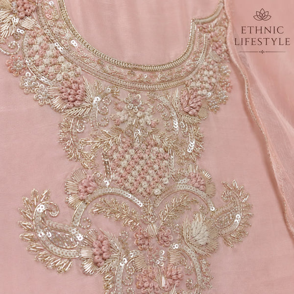Pure Crepe Jardozi Suit Material - Pastel Peach
