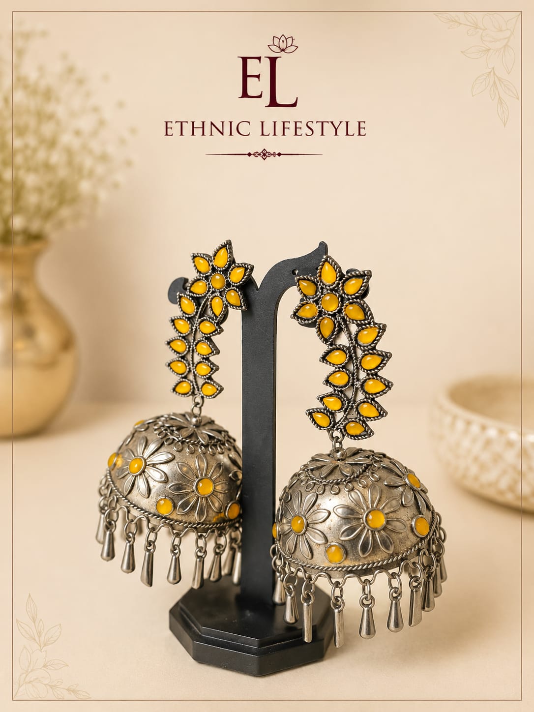 Yellow Floral Oxidised Jhumkas