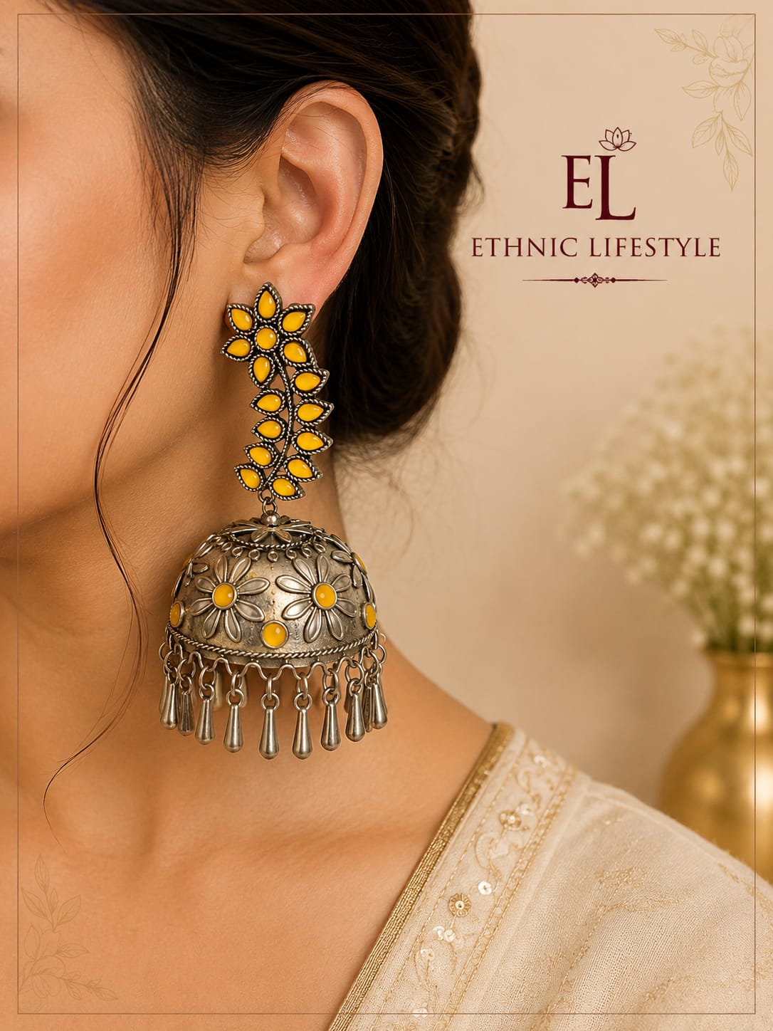 Yellow Floral Oxidised Jhumkas