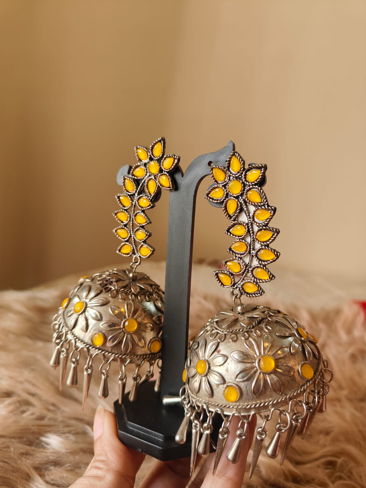 Yellow Floral Oxidised Jhumkas