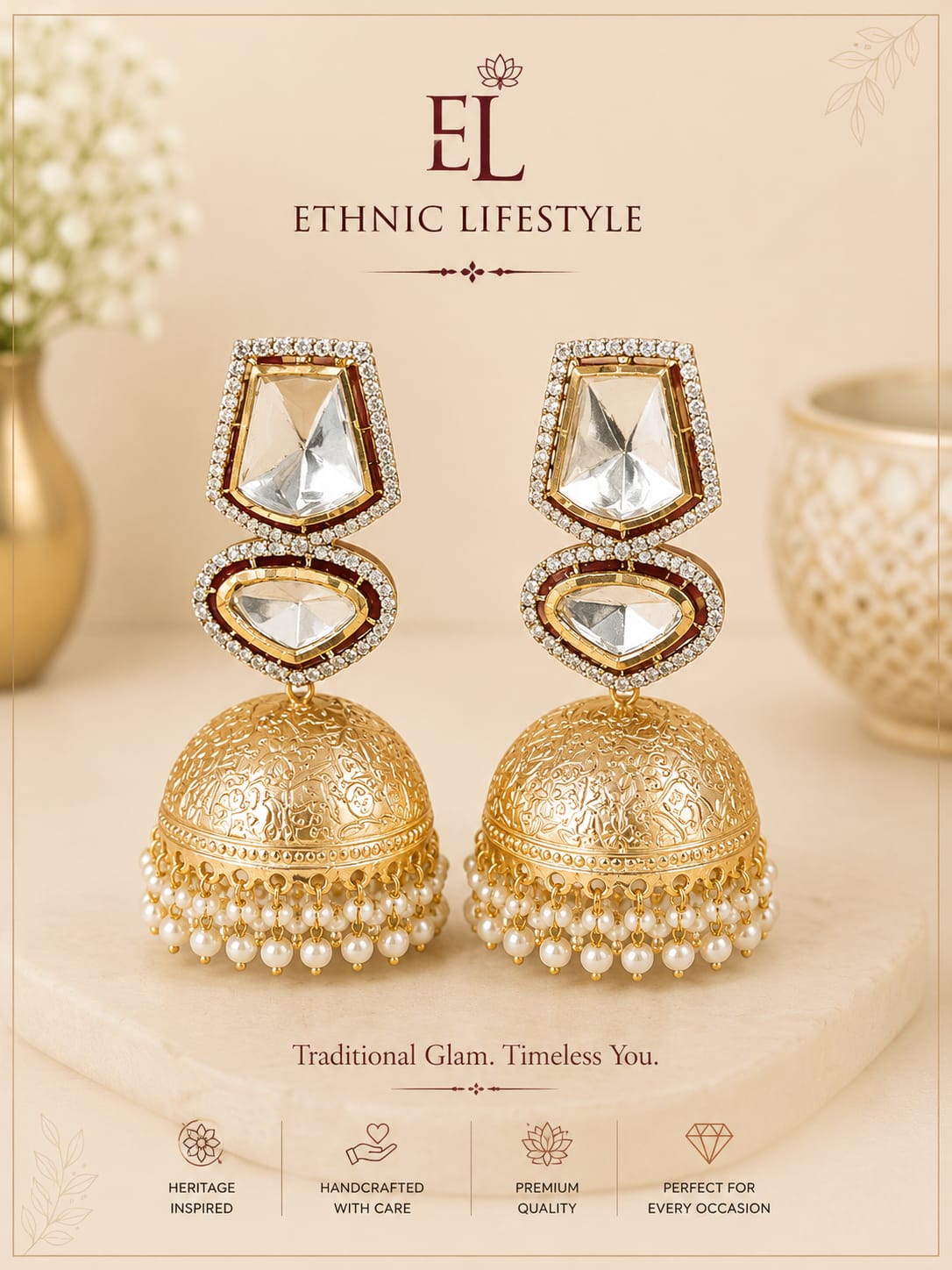 Mirror Work Pearl Jhumkas