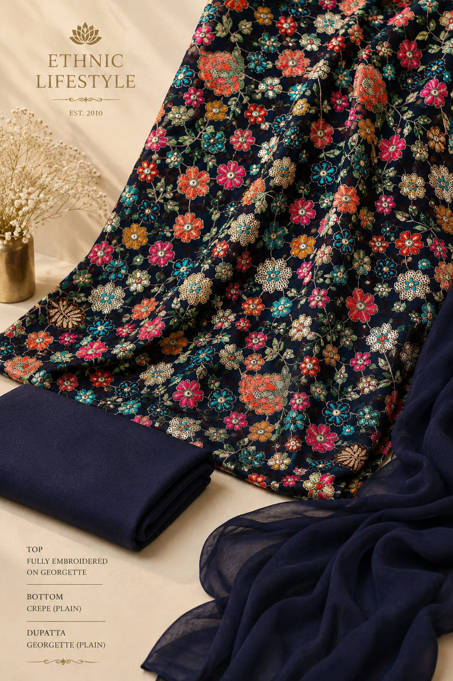 Premium Multicolour Floral Embroidered Suit Set