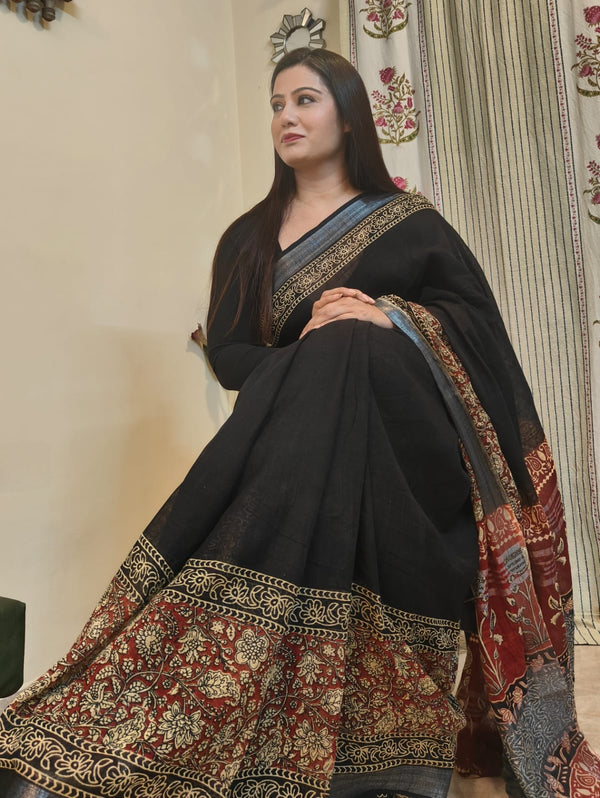 Linen Hand Block Saree