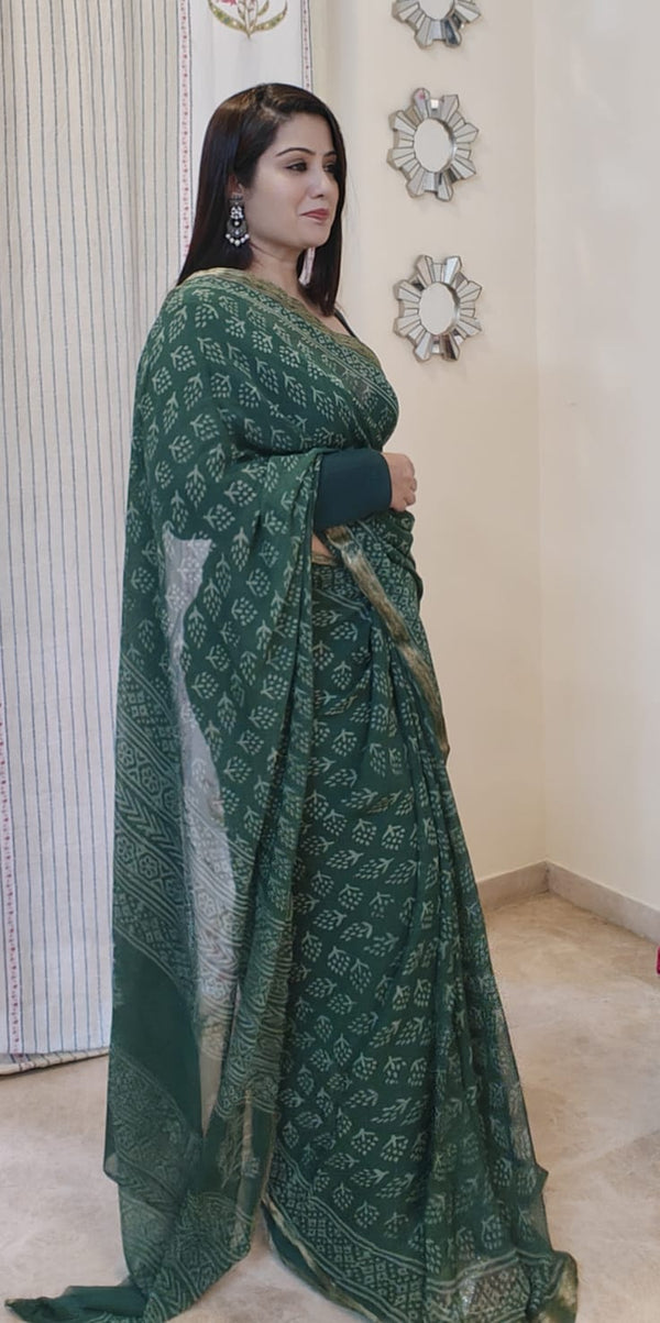Chiffon Grace – Hand Block Print with Chanderi Border