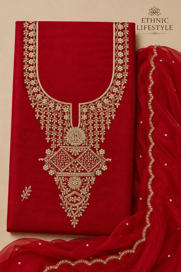 Deep Red Jardozi Suit Material