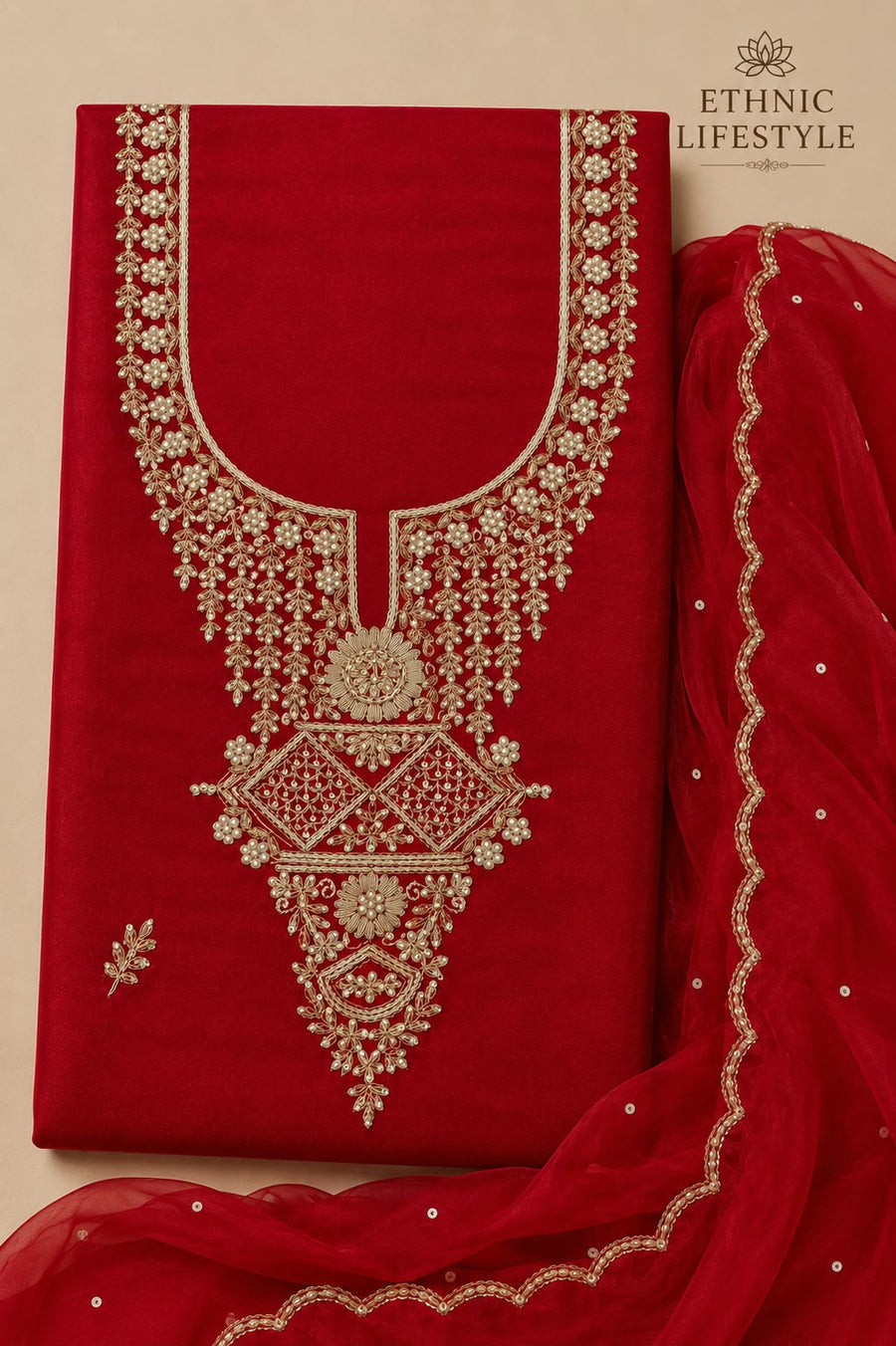 Deep Red Jardozi Suit Material