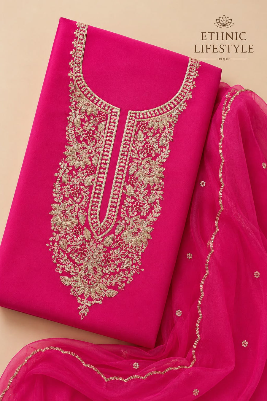 Fuchsia Pink Embroidered Suit Material