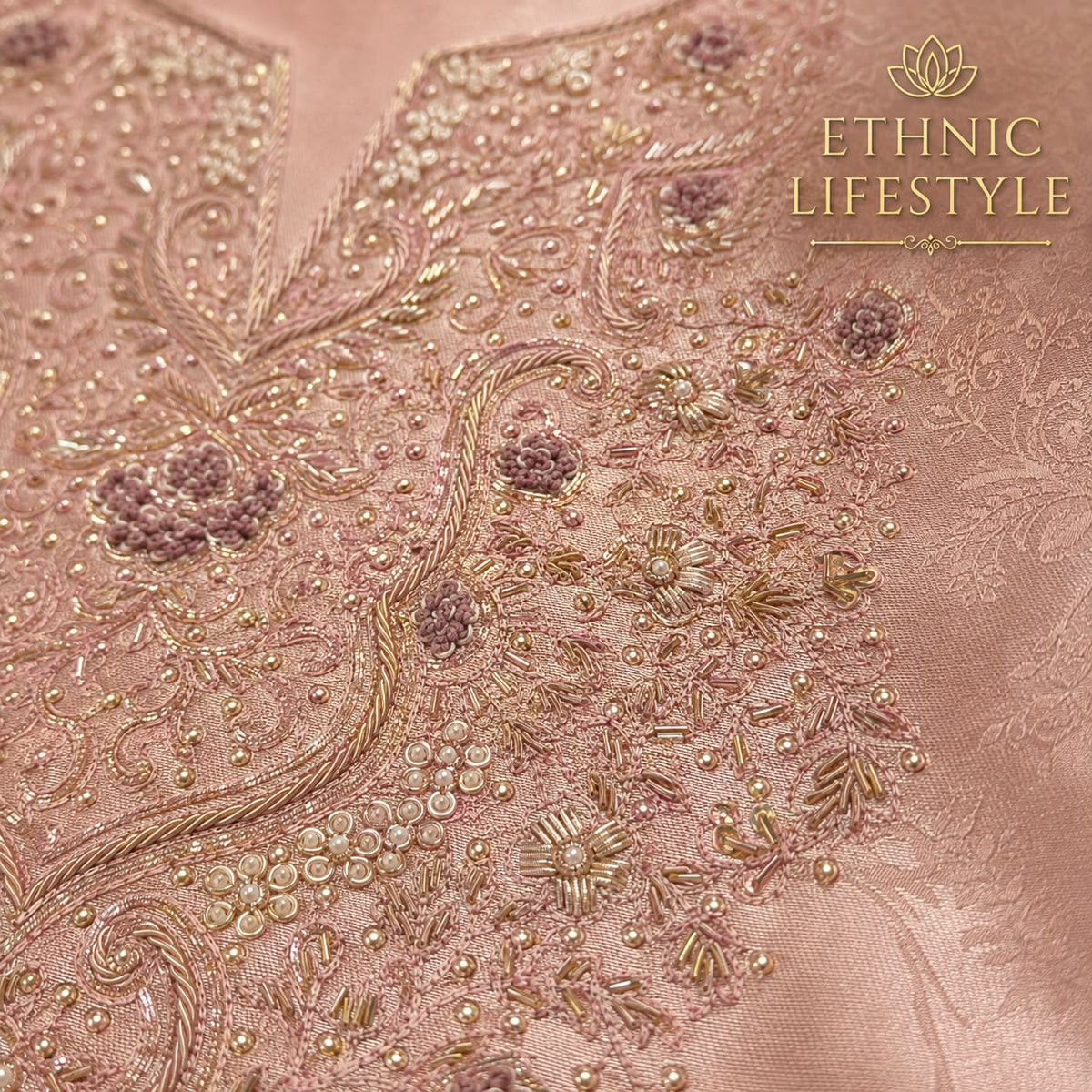 Dusty Peach Brocade Jardozi Suit Material