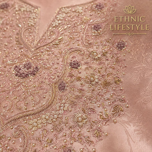 Dusty Peach Brocade Jardozi Suit Material