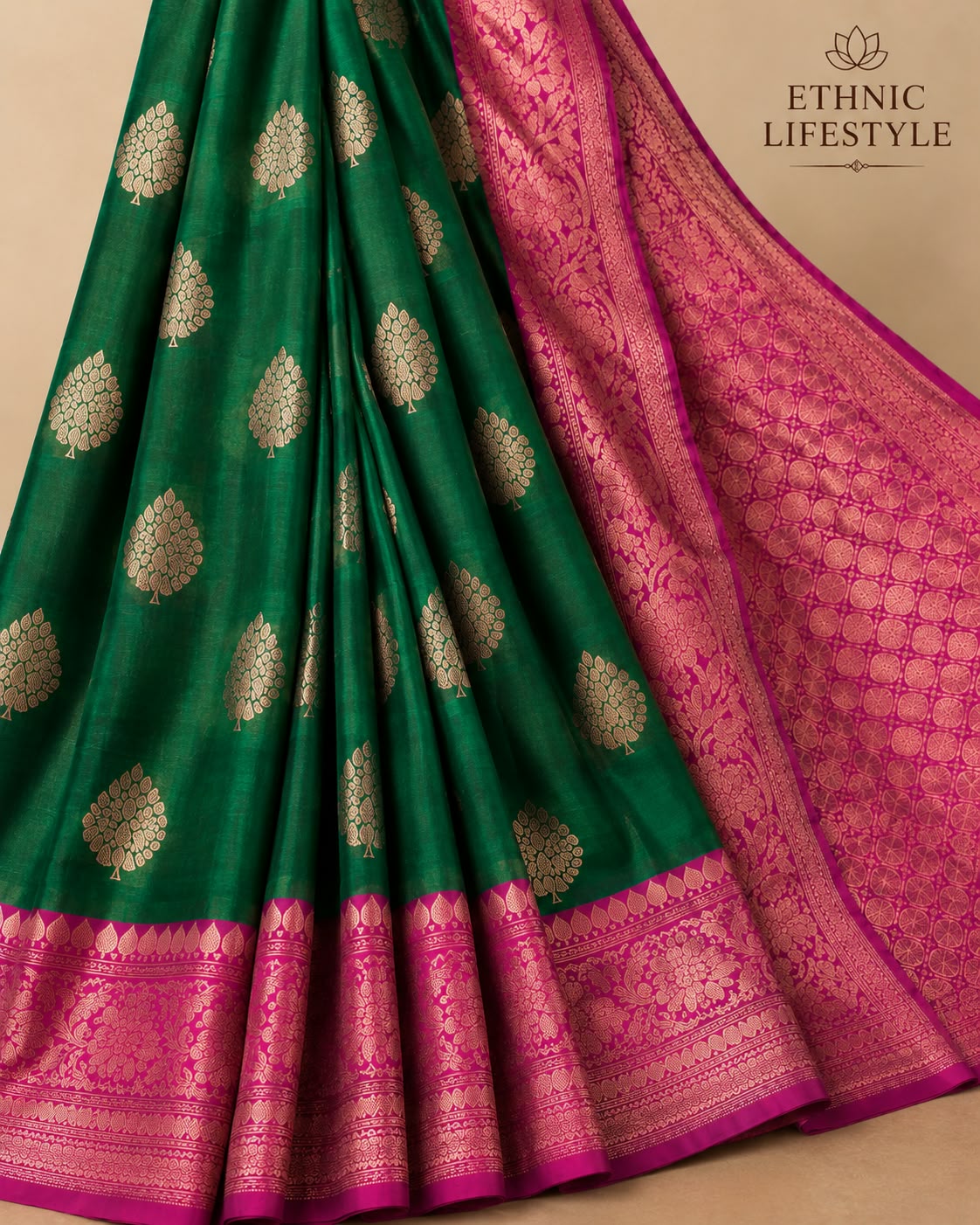 Pure Silk Saree - Emerald Green with Magenta Zari Pallu