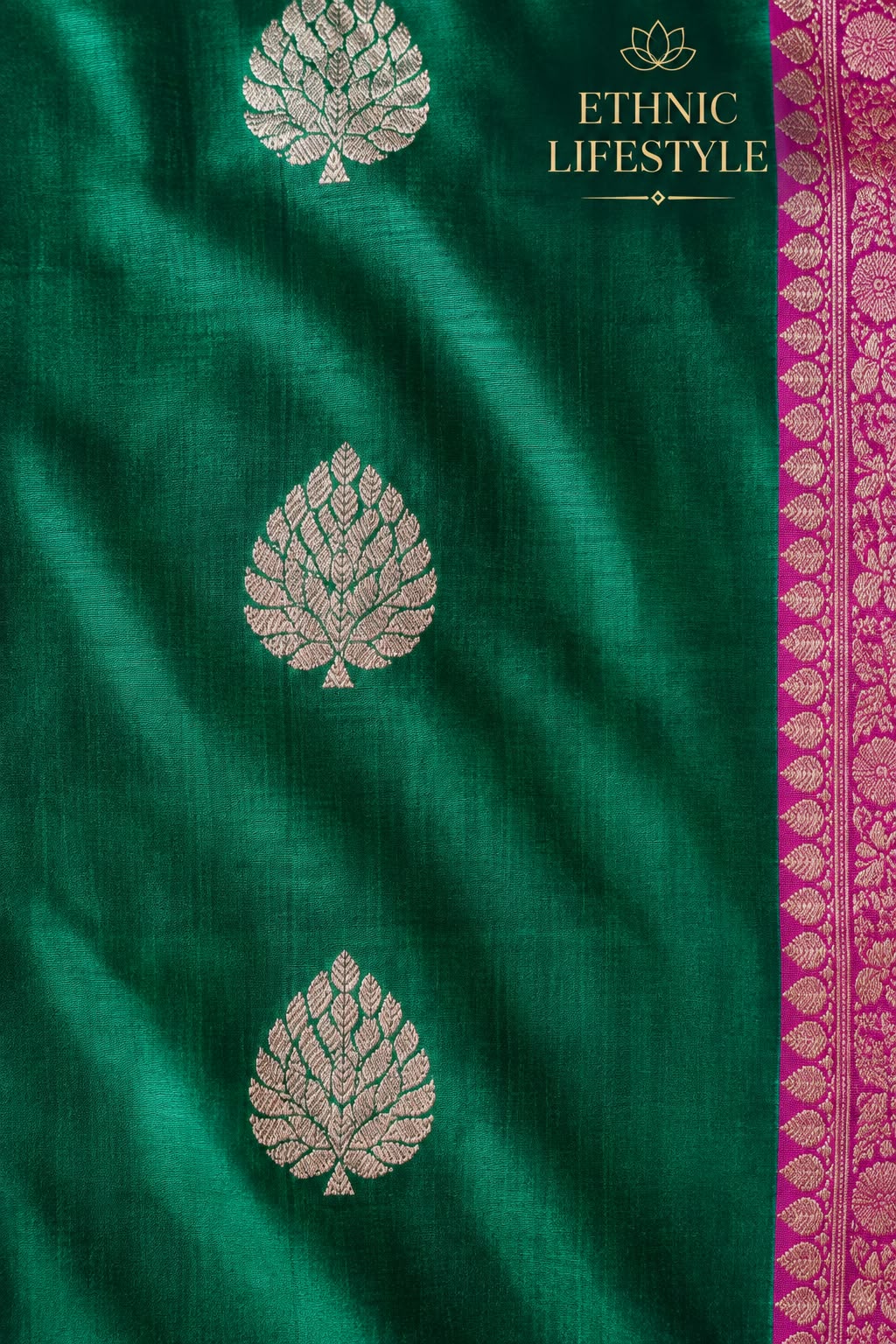 Pure Silk Saree - Emerald Green with Magenta Zari Pallu