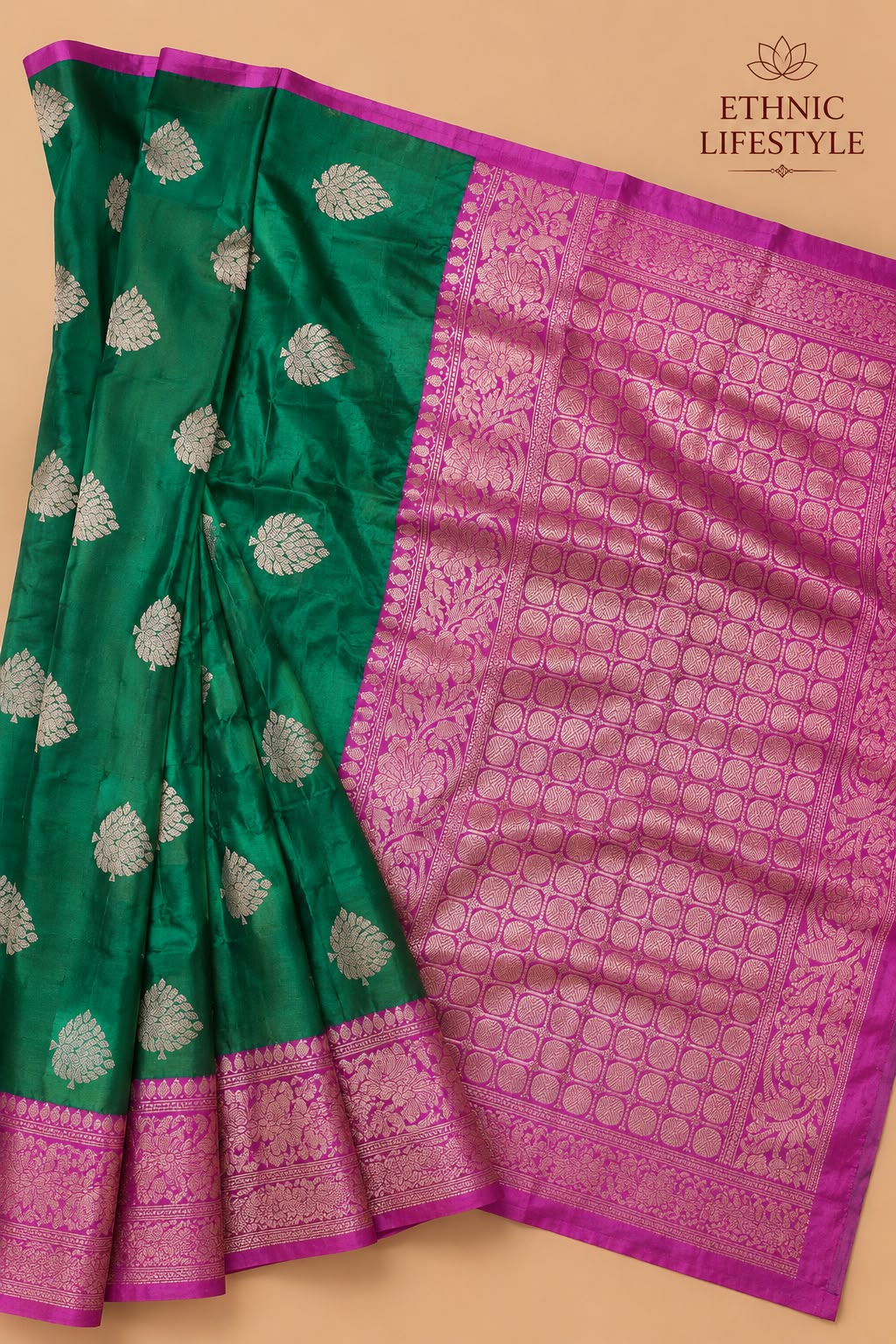 Pure Silk Saree - Emerald Green with Magenta Zari Pallu