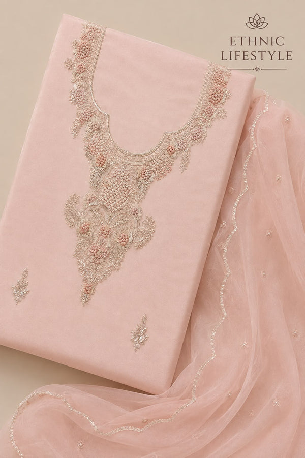 Pure Crepe Jardozi Suit Material - Pastel Peach