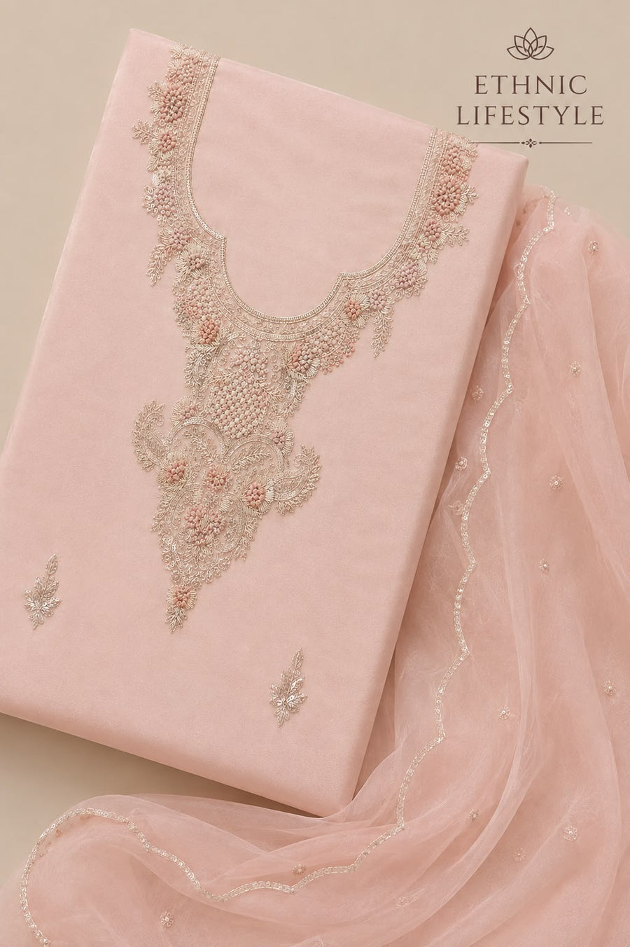 Pure Crepe Jardozi Suit Material - Pastel Peach